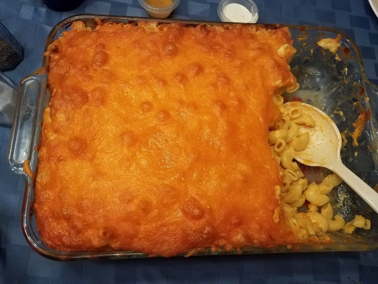 The finished mac and cheese, fresh out of the oven.
